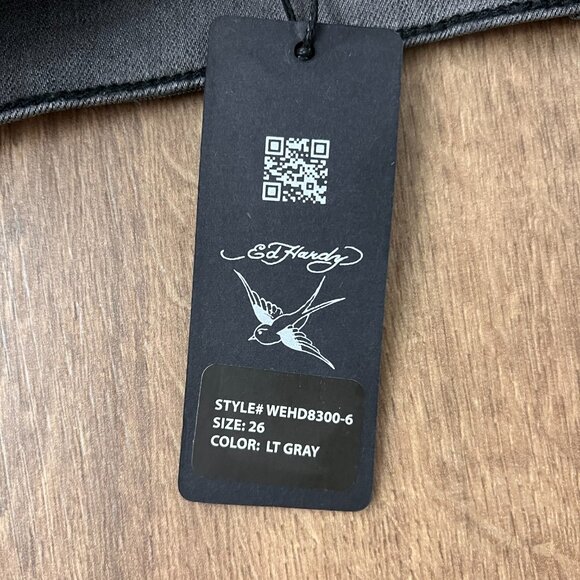 NEW Ed Hardy Tattoo Embroidered Wide Leg Gray Jeans Sz 26 - Picture 6 of 12